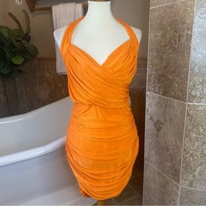 SHEIN BAE Halter Neck Backless Ruched Bodycon Dress Darker Orange 🍊 Size large